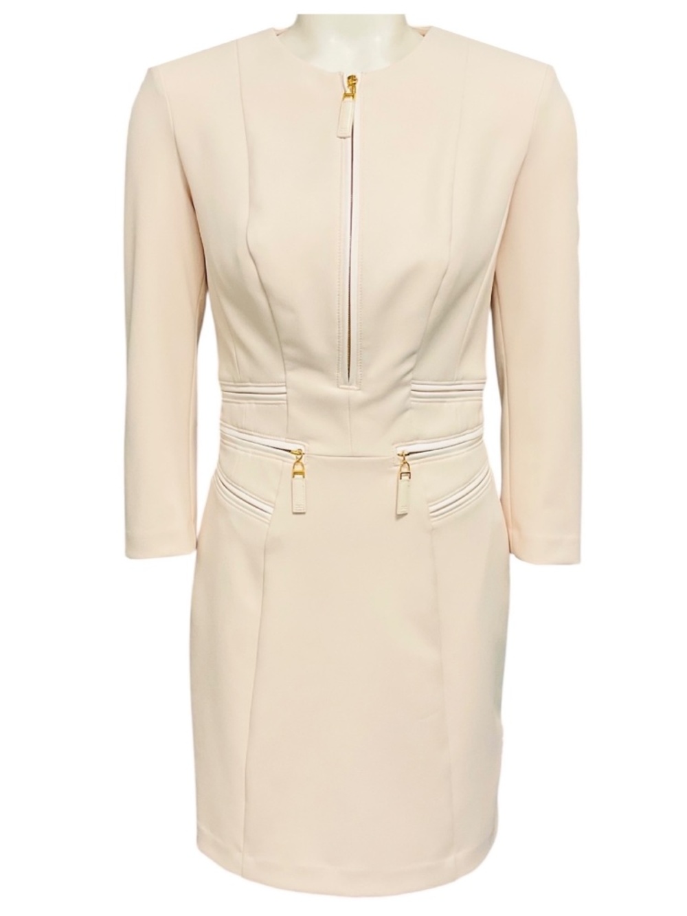 ELISABETTA FRANCHI MILK DOUBLE LAYER CREPE ZIPPED DRESS